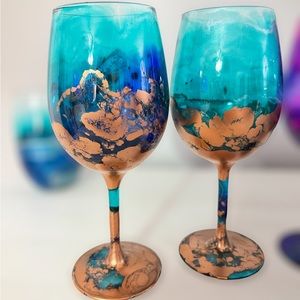 Set of 2 - Handmade alcohol ink resin wine glasses